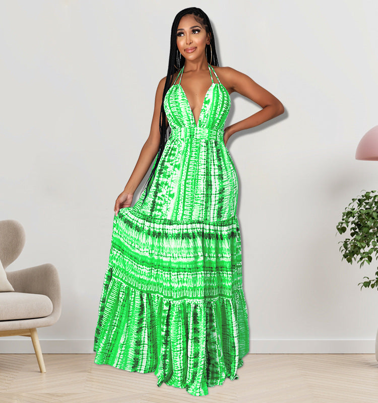 Women Clothes Summer Print Halter Strap Backless Casual Maxi Dress 4