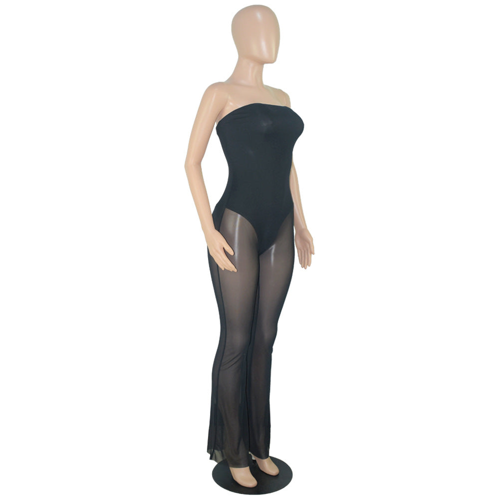 Women's Fashion Sexy Strapless Tight Fitting Wide Leg Mesh Jumpsuit 16