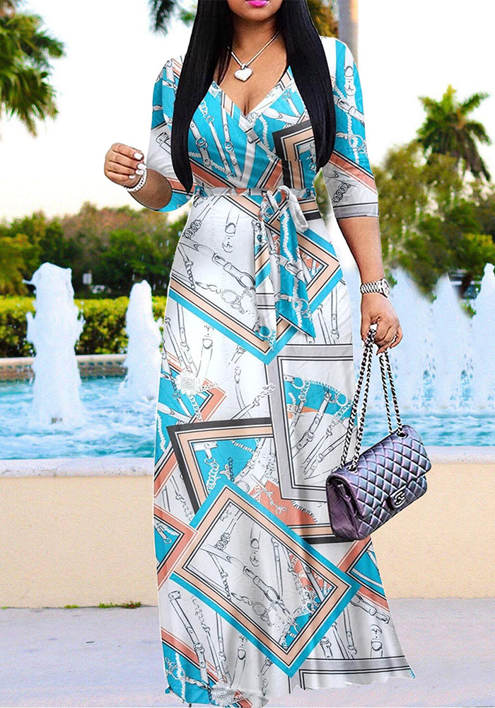 Casual Fashionable Flower Print V-Neck Half-Sleeve Swing Long Dress