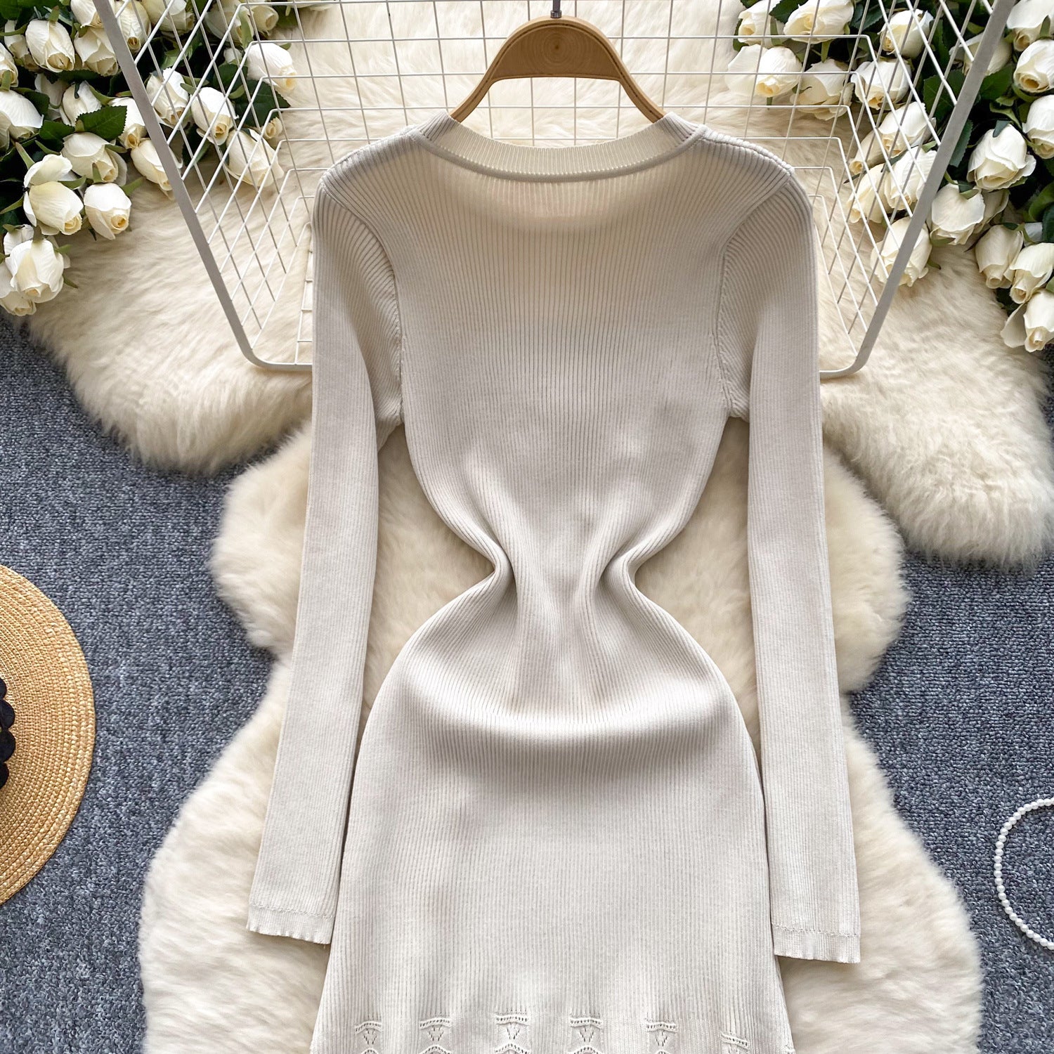 Women Fall French Elegance Metal Button Ribbed Knitting Dress 11