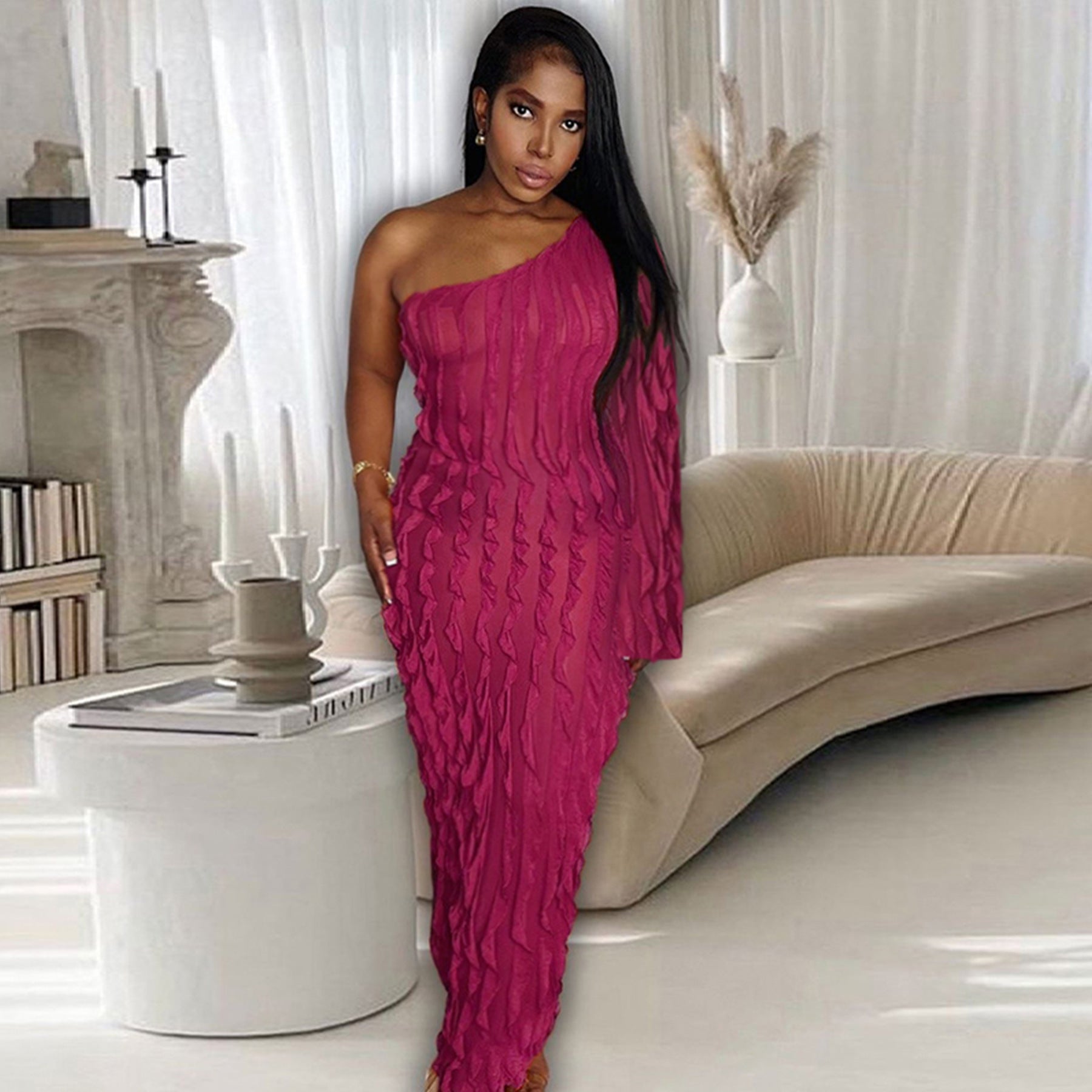 Plus Size Women Fall Slash Shoulder One Sleeve Sexy Dress 6