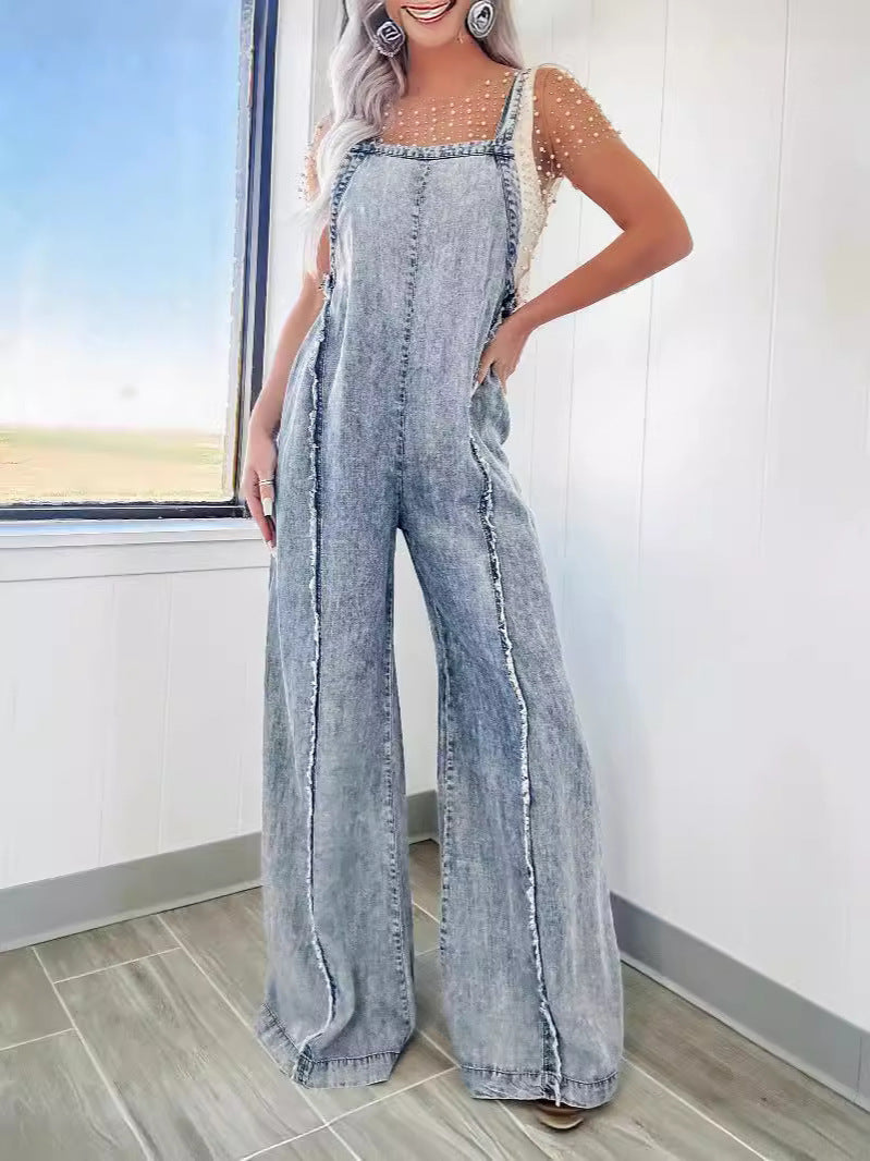 Women Spring Vintage Washed Raw Edge Wide Legs Loose Overalls 4