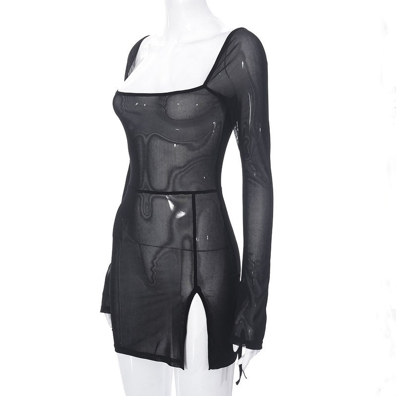 Women Mesh Long Sleeve Slit Dress 6