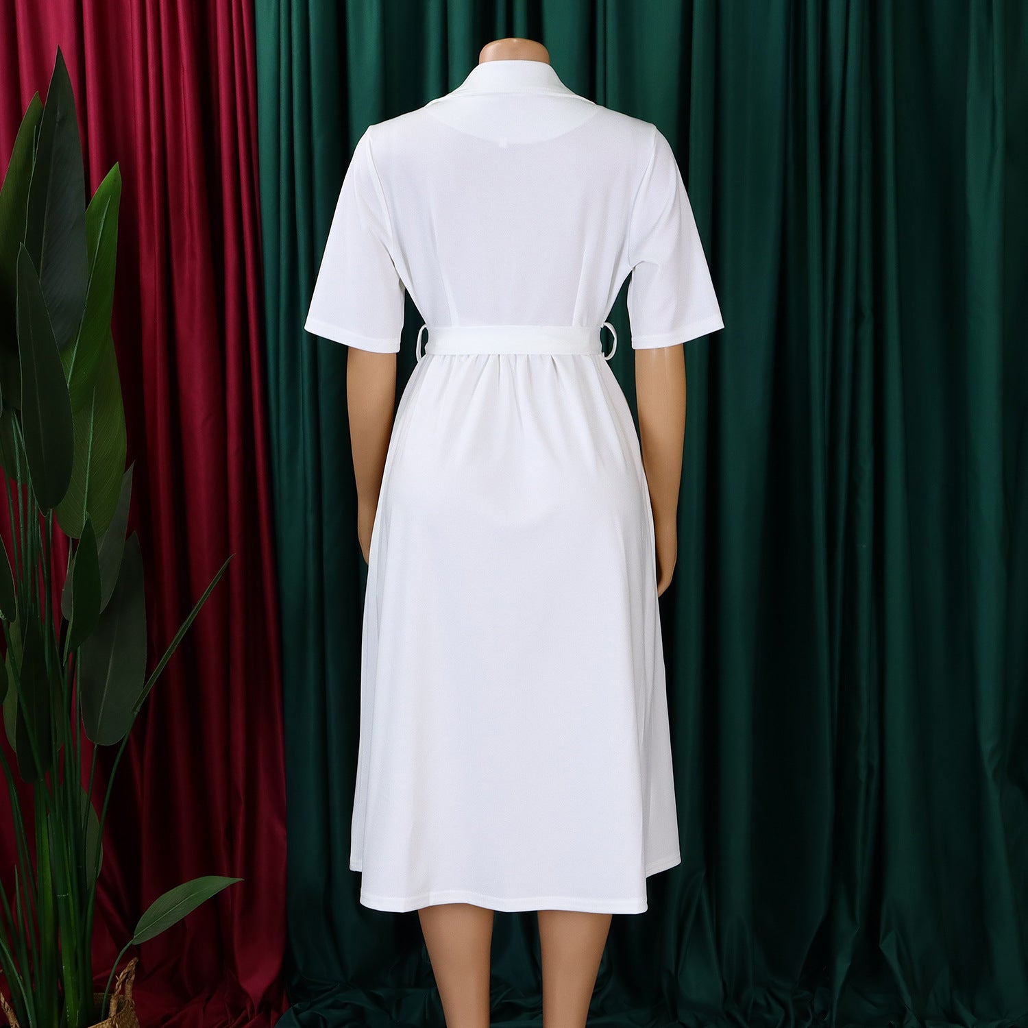 Plus Size Women Summer Short Sleeve Turndown Collar Lace-Up Solid African Dress 21