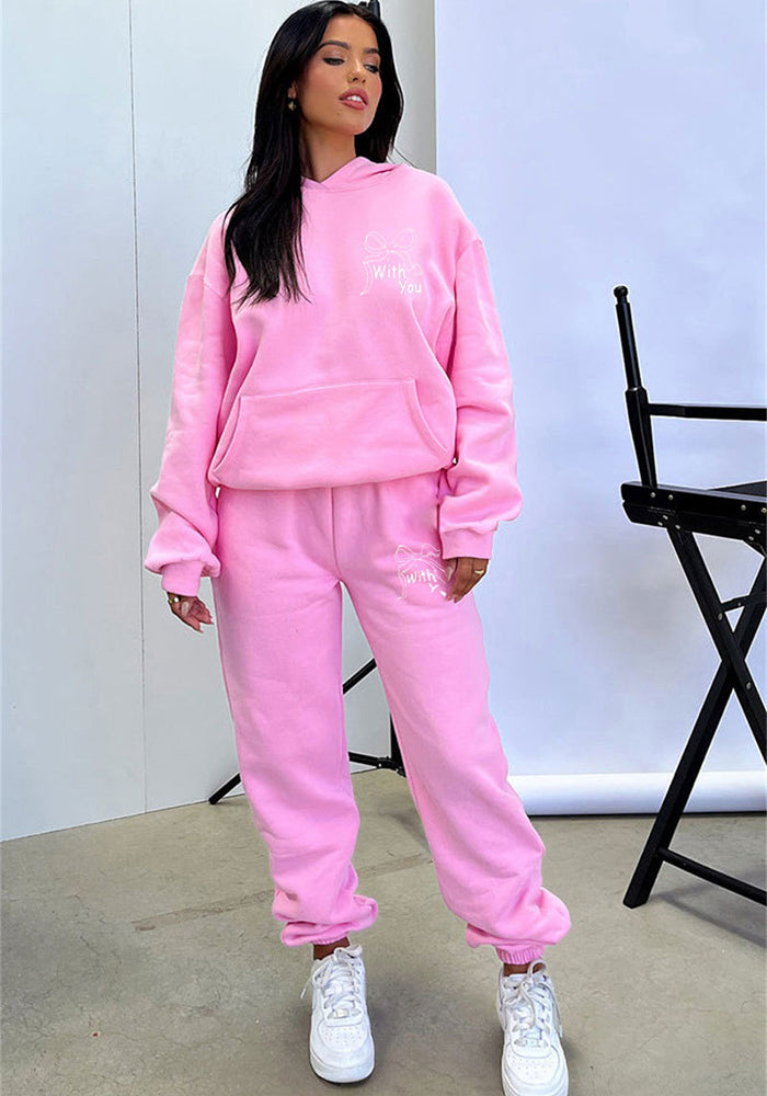 Autumn Winter Women's Fashion Print Long Sleeve Hooded Fleece Hoodie Casual Pants Set