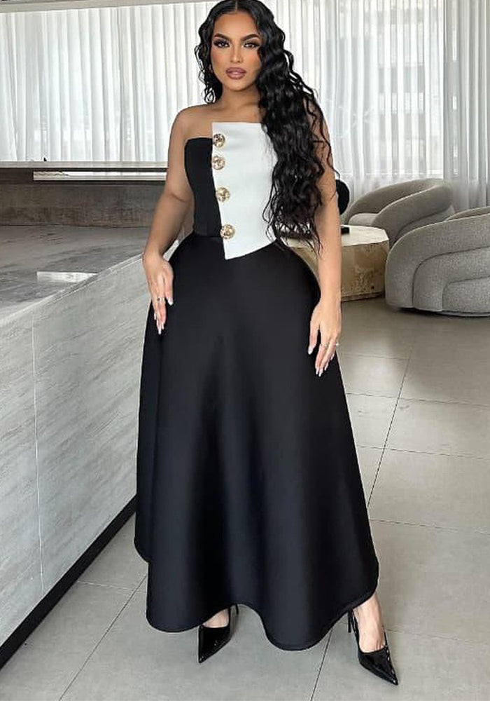 Color-Blocking Strapless Top High-Waist A-Line Skirt Elegant Formal Two-Piece Set
