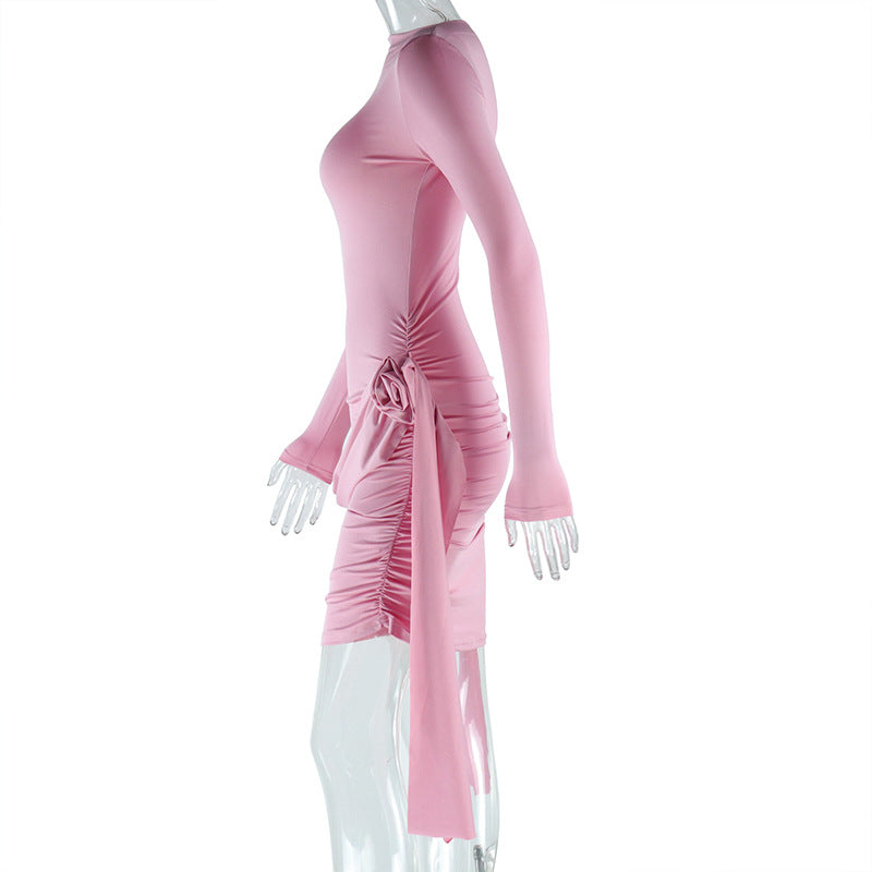 Women's Solid Color Round Neck Long Sleeve Lace Up Flower Bodycon Trendy Dress 12