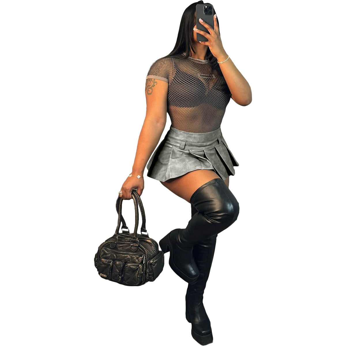 Women Sexy Solid Zipper PU-Leather Pleated Mini Skirt 13