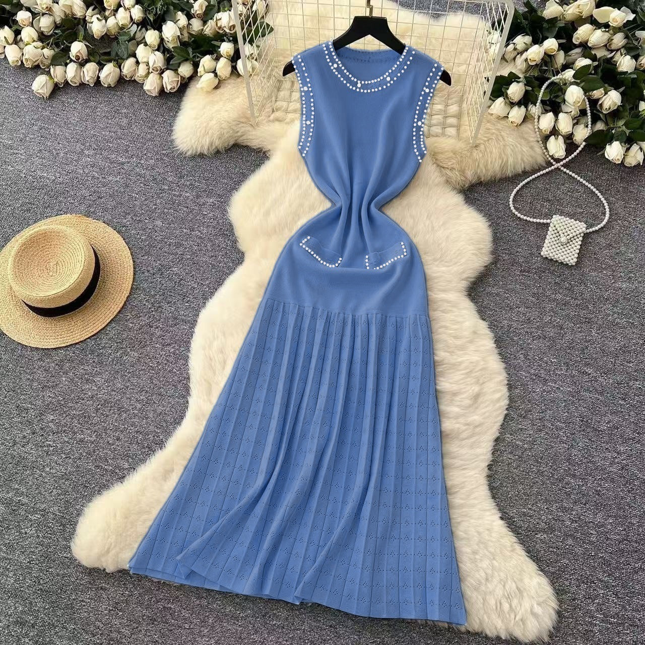 Women's Summer Beaded Sleeveless Knitting Long Dress 13
