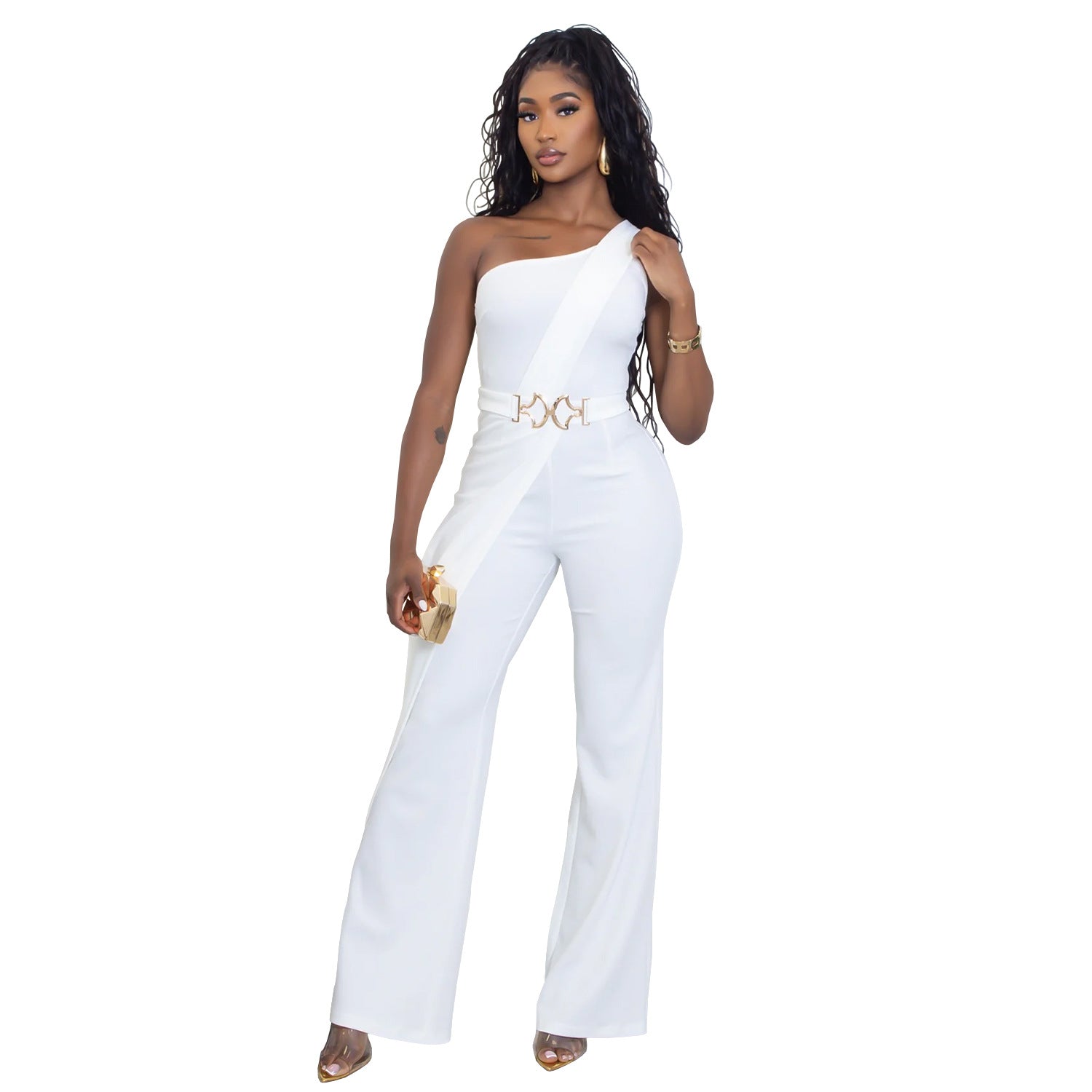Women Summer Elegant Slash Shoulder Jumpsuit 9