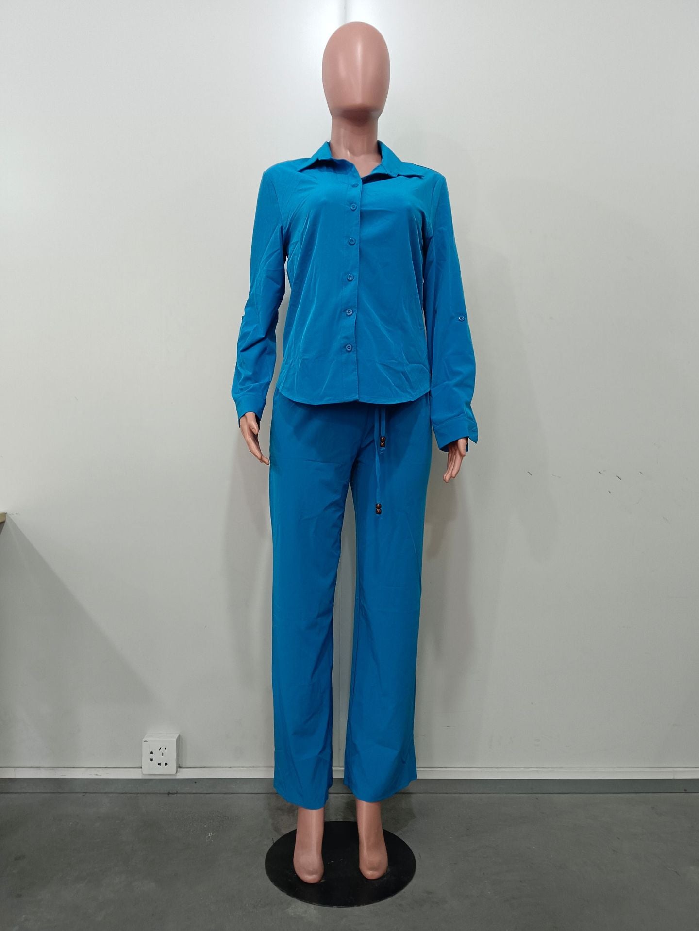 Autumn Women's Solid Color Long Sleeve Shirt Drawstring Pants Two-Piece Set 5