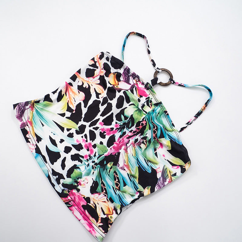 Spring & Summer Women's Irregular Ring Buckle Strappy Print Low Back Tight-Fitting Two Piece Shorts Set 13