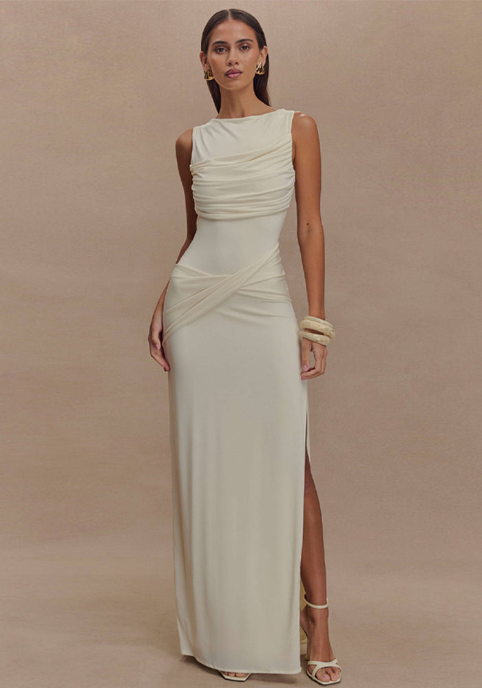 Women Summer Round Neck Backless Sleeveless Pleated Slit Dress