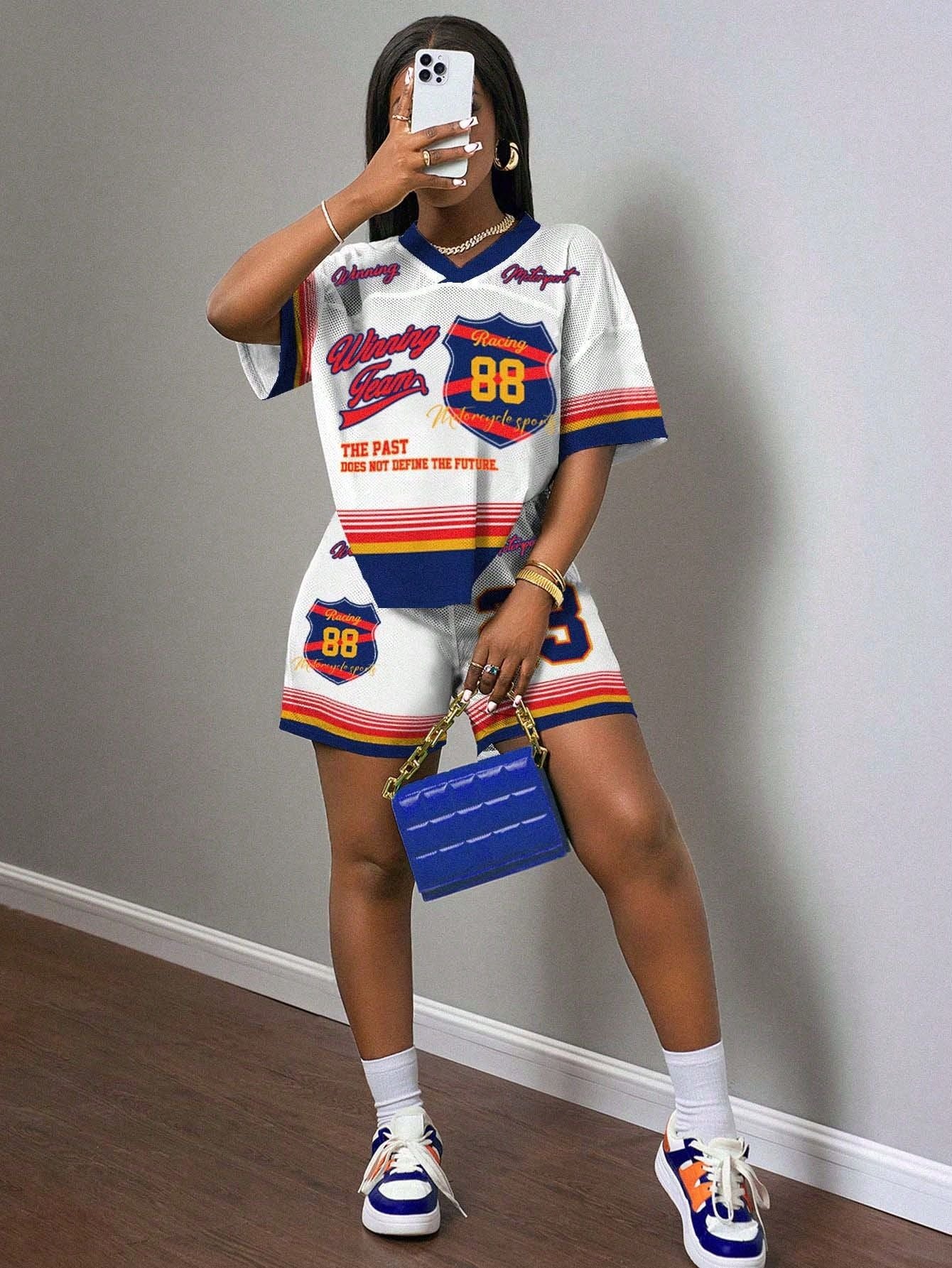 Letter Print Casual Fashion Shorts Basketball/Olive Ball Women’s Two Piece Shorts Set 10