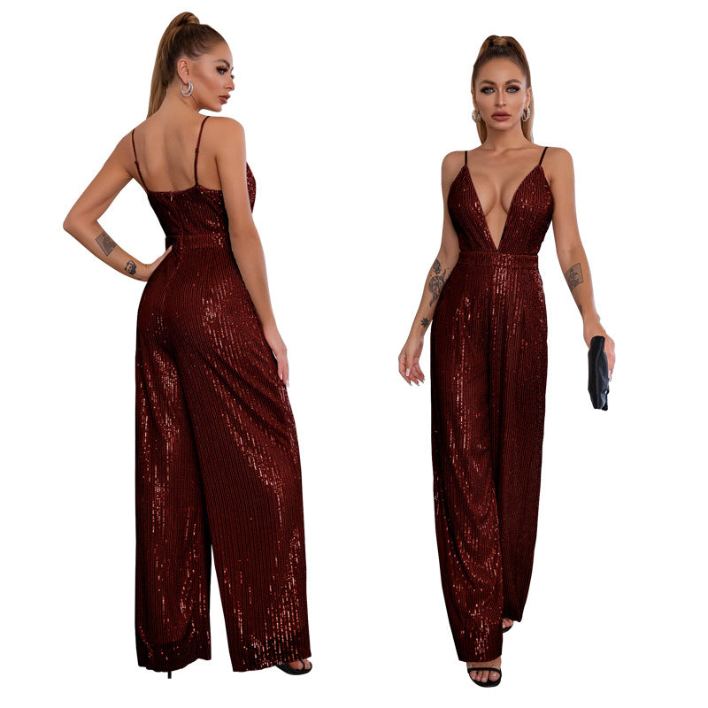 Deep V Neck Low Back Sleeveless Chic Sequined Straps Elegant Women's Party Jumpsuit 10