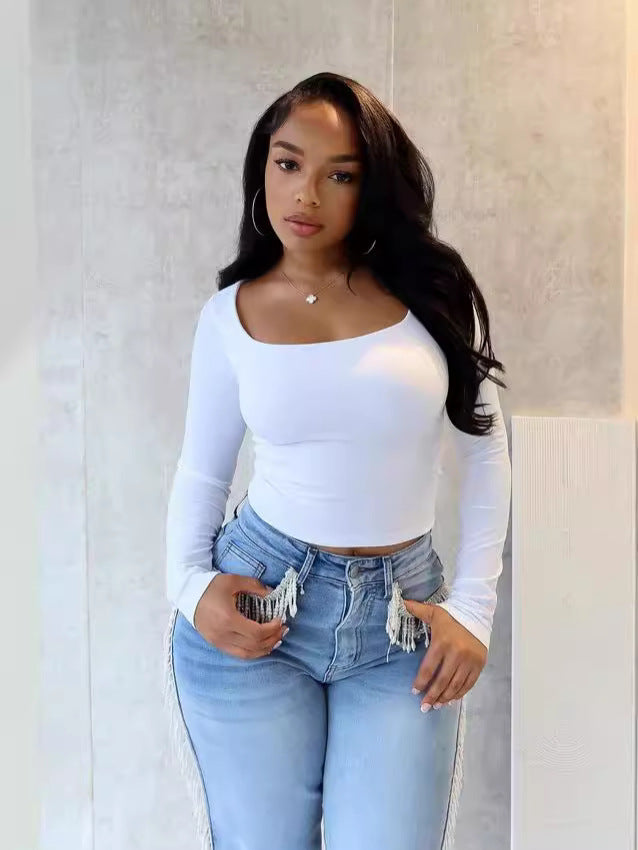 Straight-Leg Denim Pants Autumn High Waist Fashionable Retro Tassel Jeans