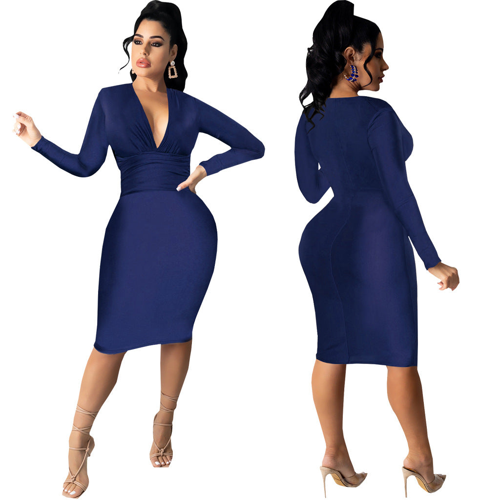 Women Sexy Solid Shiny Long Sleeve V-Neck Dress 14
