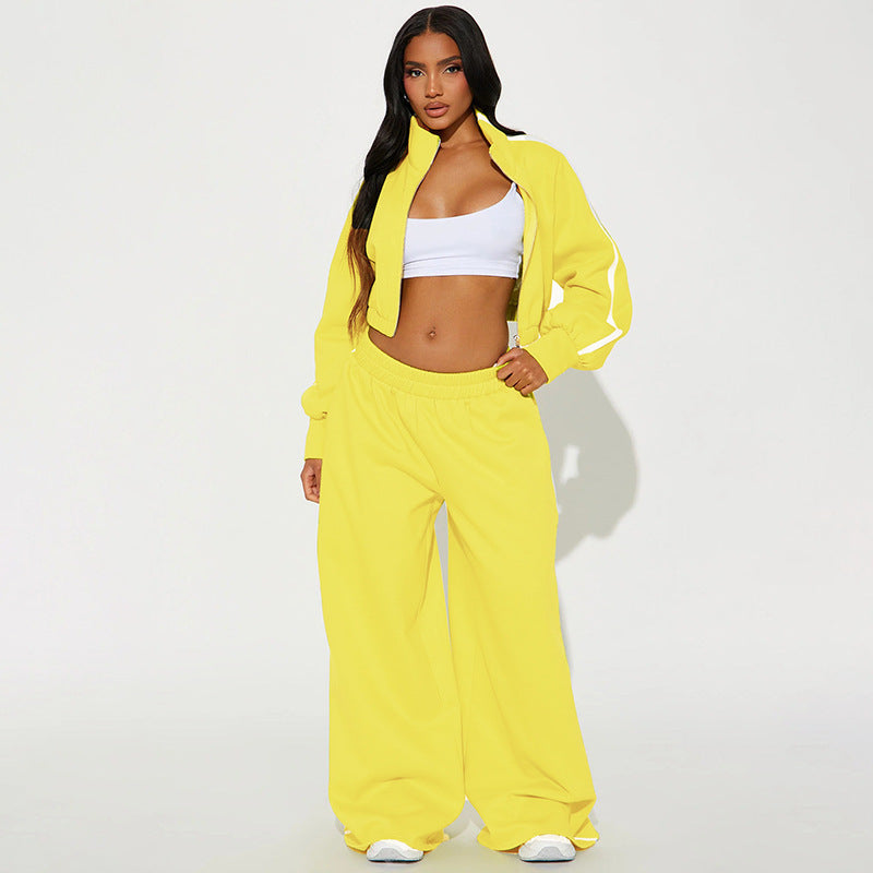 Autumn Style Trendy Color Block Striped Stand Collar Zipper Jacket & Wide-Leg Pants Two-Piece Set