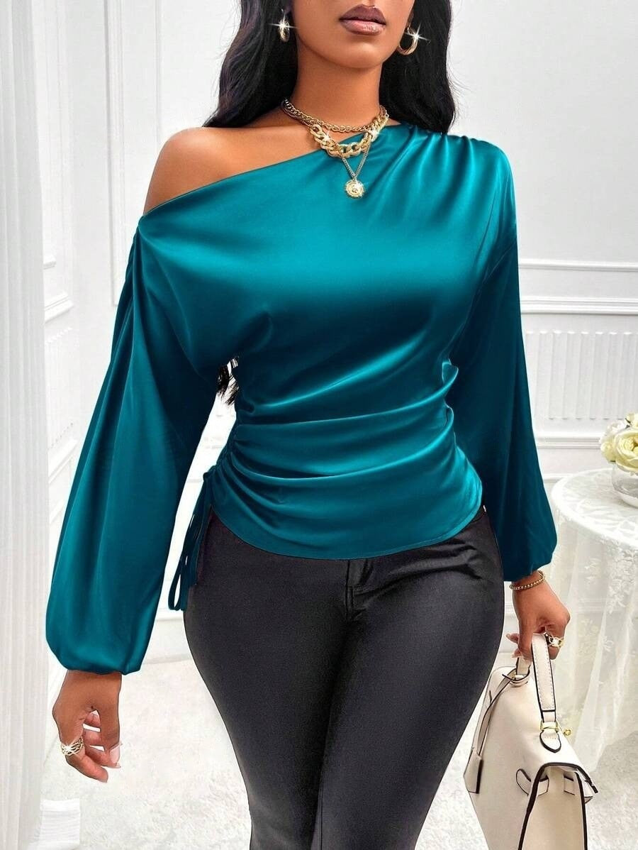 Women's Satin Shirt Asymmetric Slash Shoulder Long-Sleeve Blouse 4