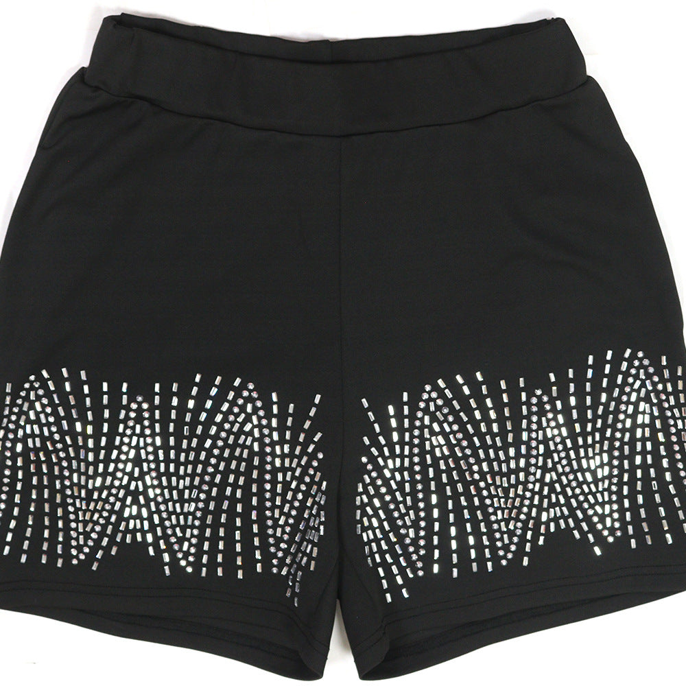 Women Casual Beaded Round Neck Short Sleeve Top and Shorts Two-Piece Set 7