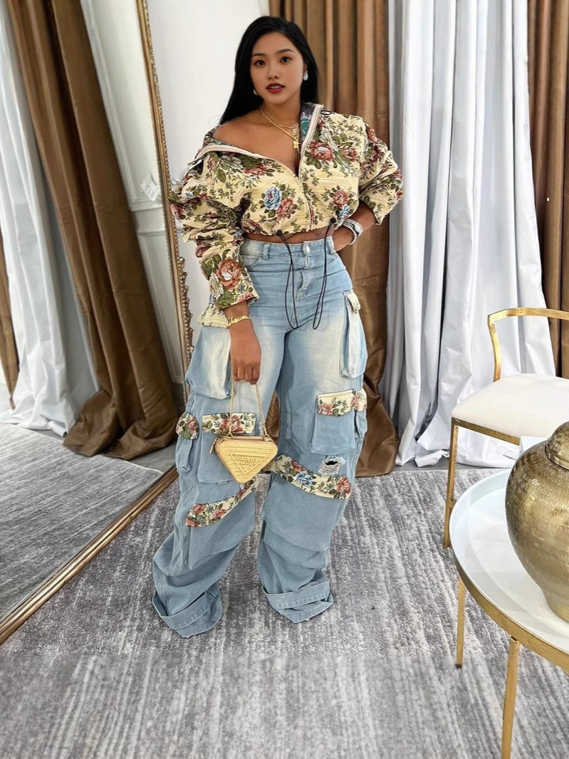 Women autumn flowers jacket and denim cargo pant two piece set 5