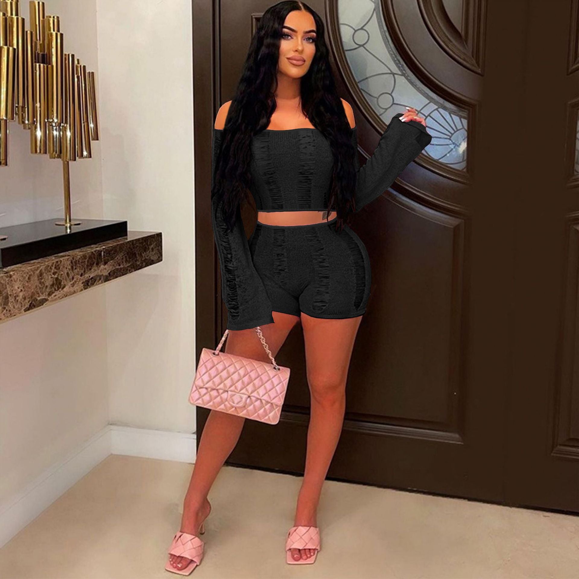 Women's Sexy Off Shoulder Back Hollow Long Sleeve Top Shorts Two-Piece Set