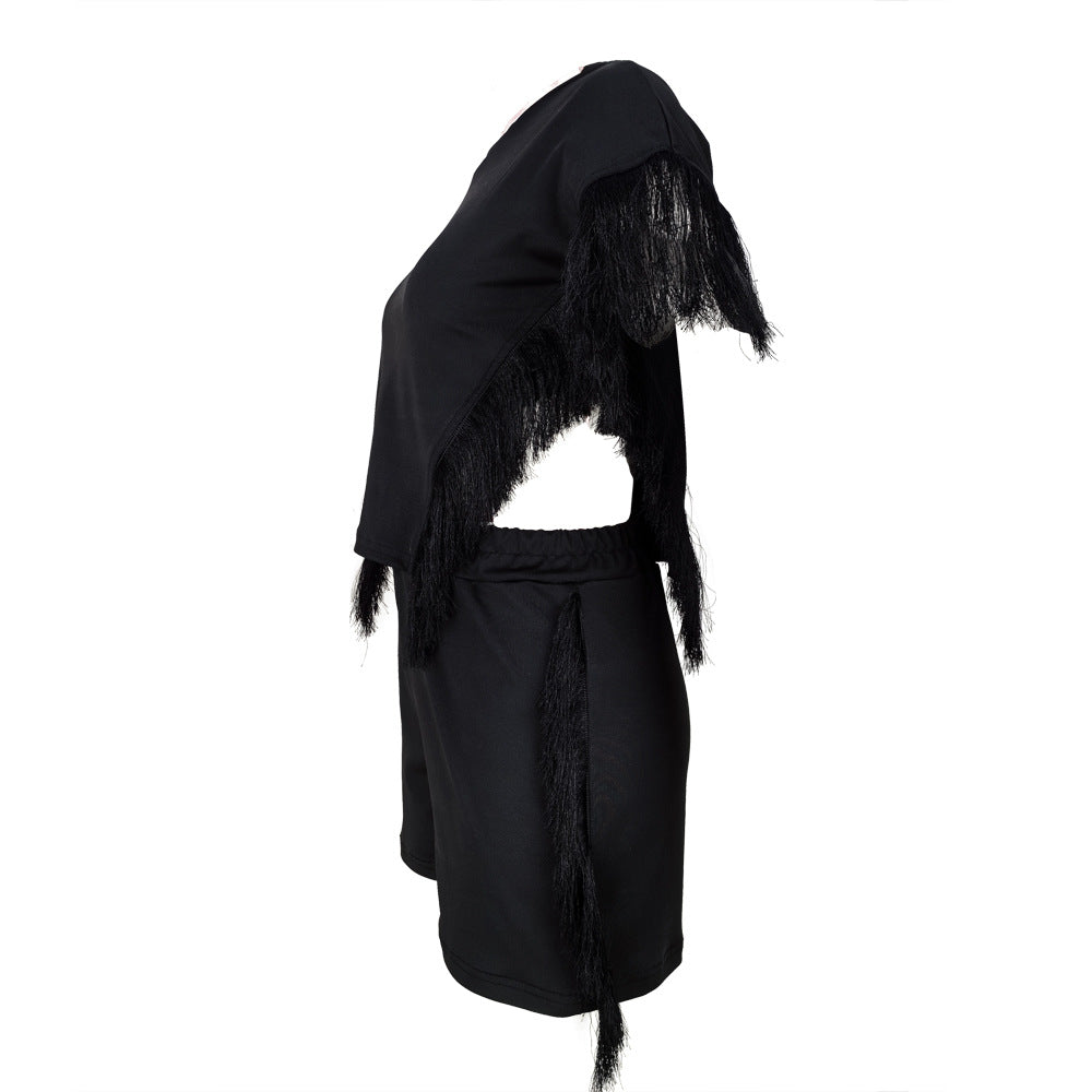 Women Short Sleeve Top and Tassel Pants Two-piece Set 13