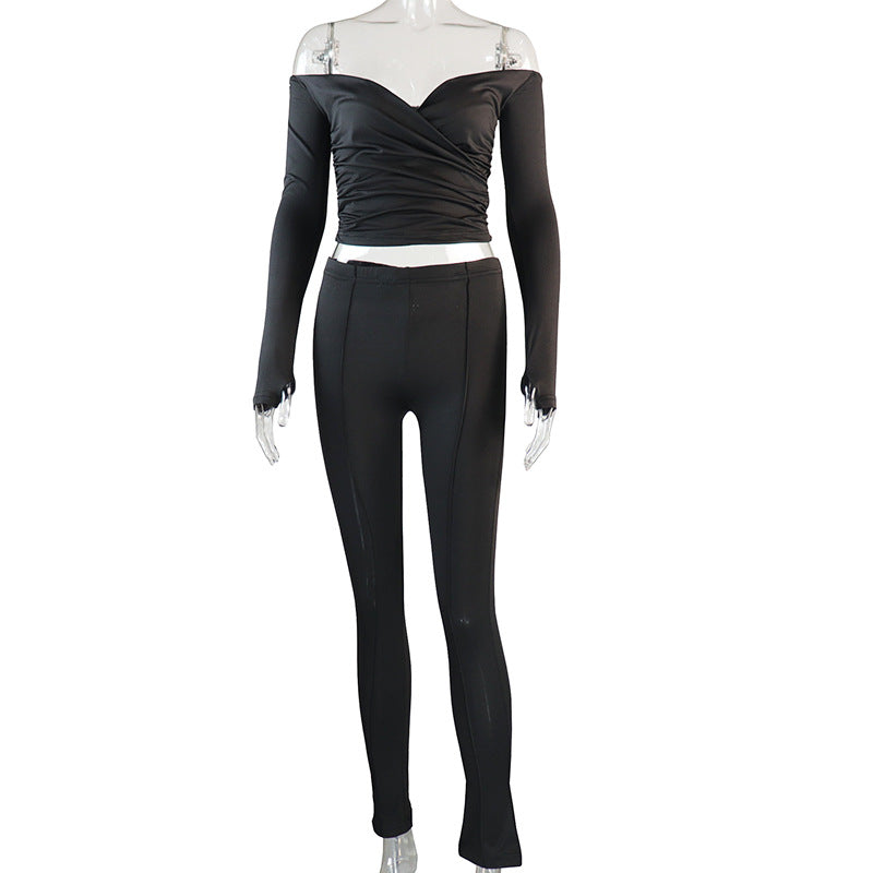 Women Sexy Off Shoulder Long Sleeve Top and Pant Two Piece 7