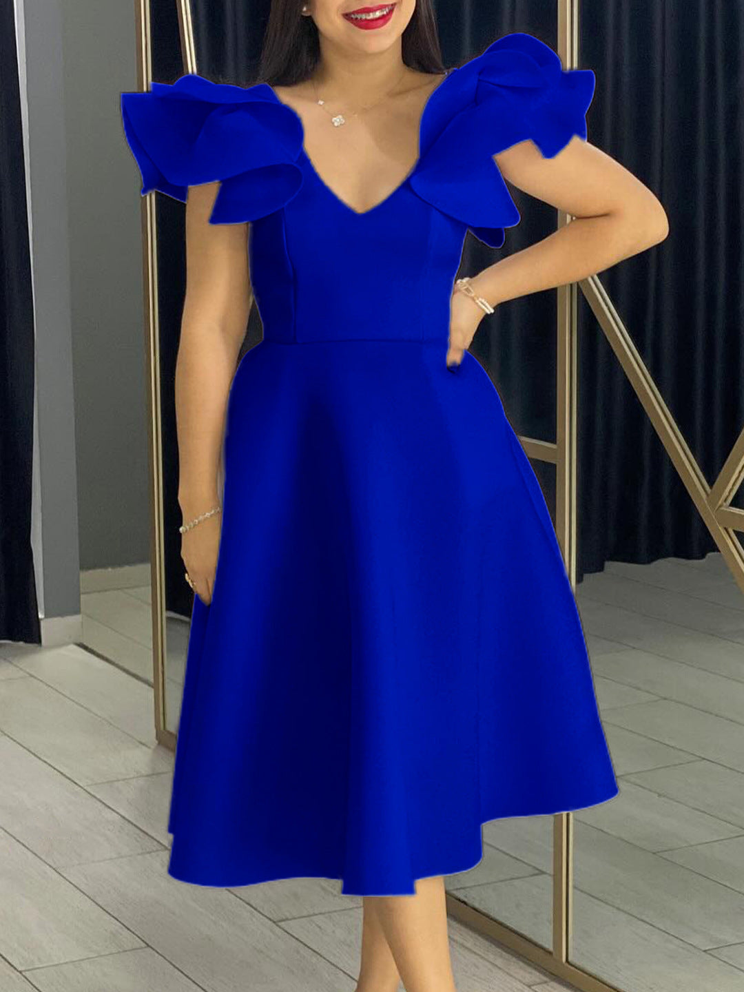 Summer Style Ruffle V-Neck High Waist A-Line Formal Party Dress 9