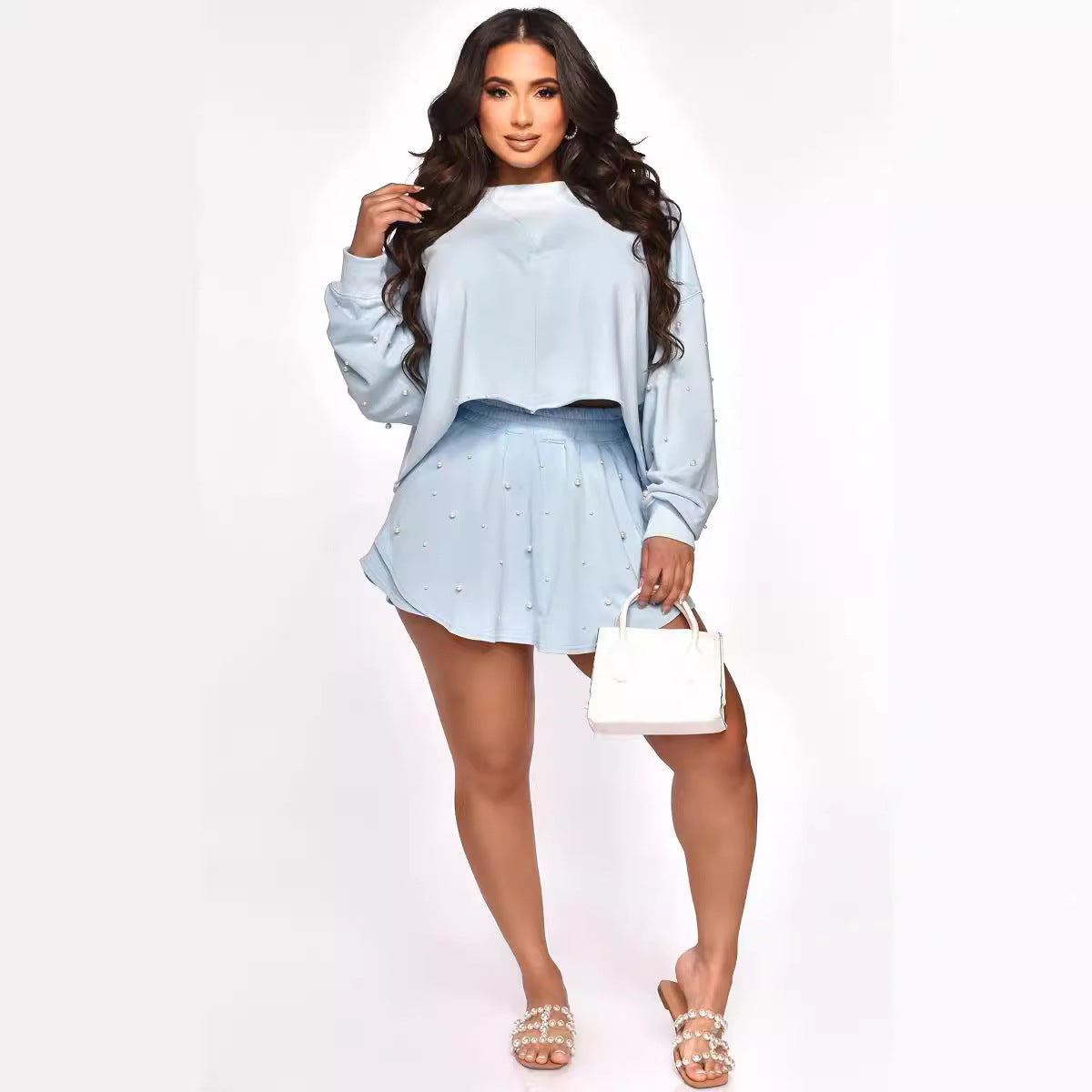 Women's Spring And Autumn Fashion Casual Top Beaded Shorts Two Piece Set