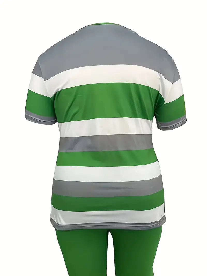 Women's Striped Print Short-Sleeve Sporty Two-Piece Shorts Set 24