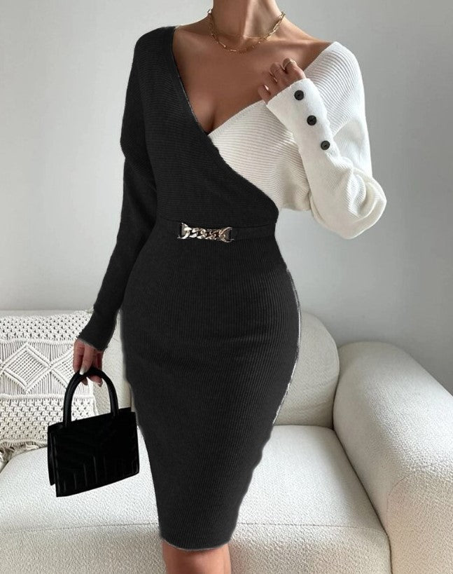 Women Autumn and Winter V-Neck Contrast Color Sexy Bodycon Knitting Dress 4