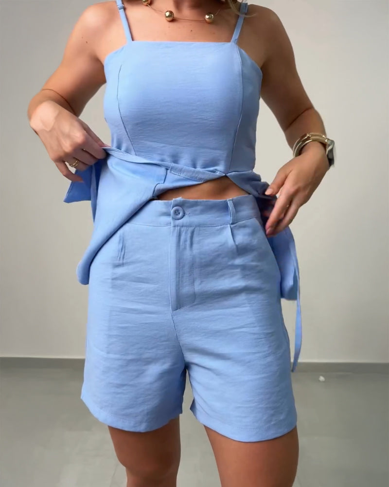 Fashion Lace-Up Strap Wide Leg Two Piece Shorts Set