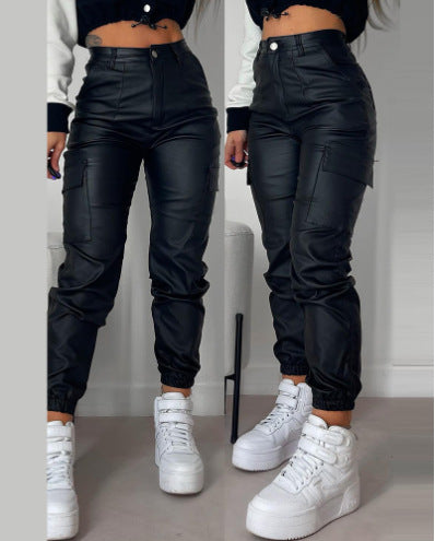 Women Zip Pleated Pockets Casual PU-Leather Pants 7