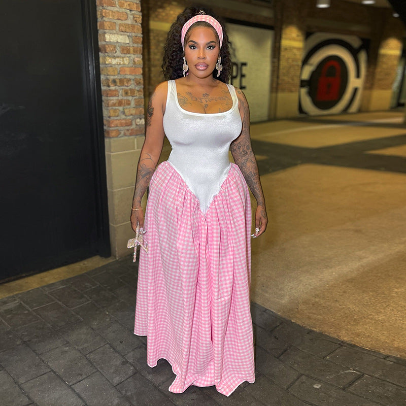 Solid Color Patchwork Plaid Print Sleeveless Loose Long Dress 3