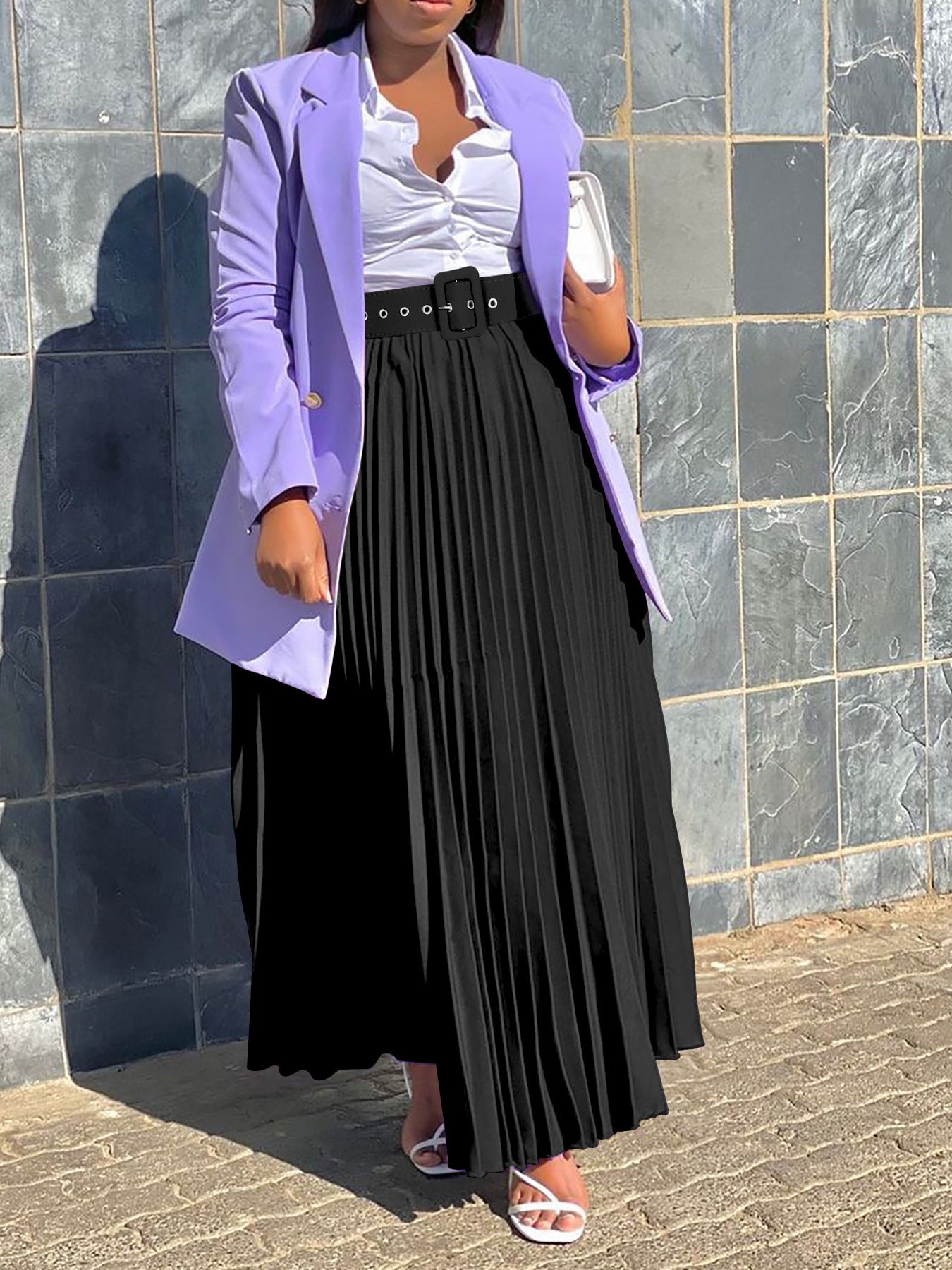 Women's Fashion Elegant Belted Plus Size Long Pleated Skirt 5