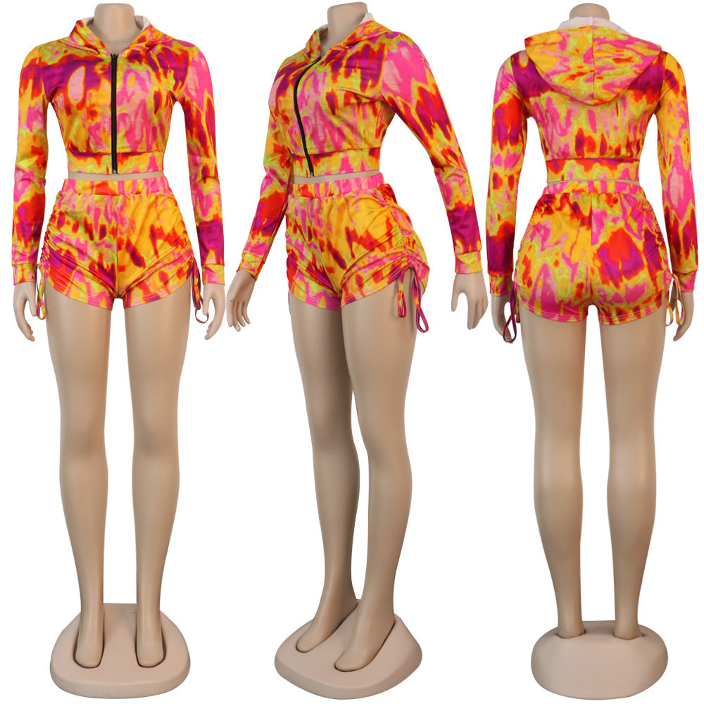 Print Hooded Zipper Long Sleeve Top Shorts Women's Casual Tracksuit 16