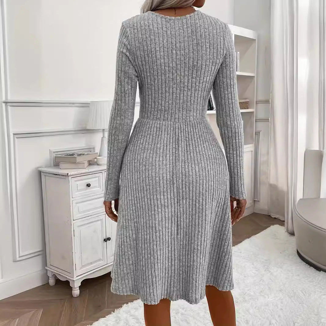 Autumn & Winter Fashion Chic Solid Color V-Neck Knit Dress 3