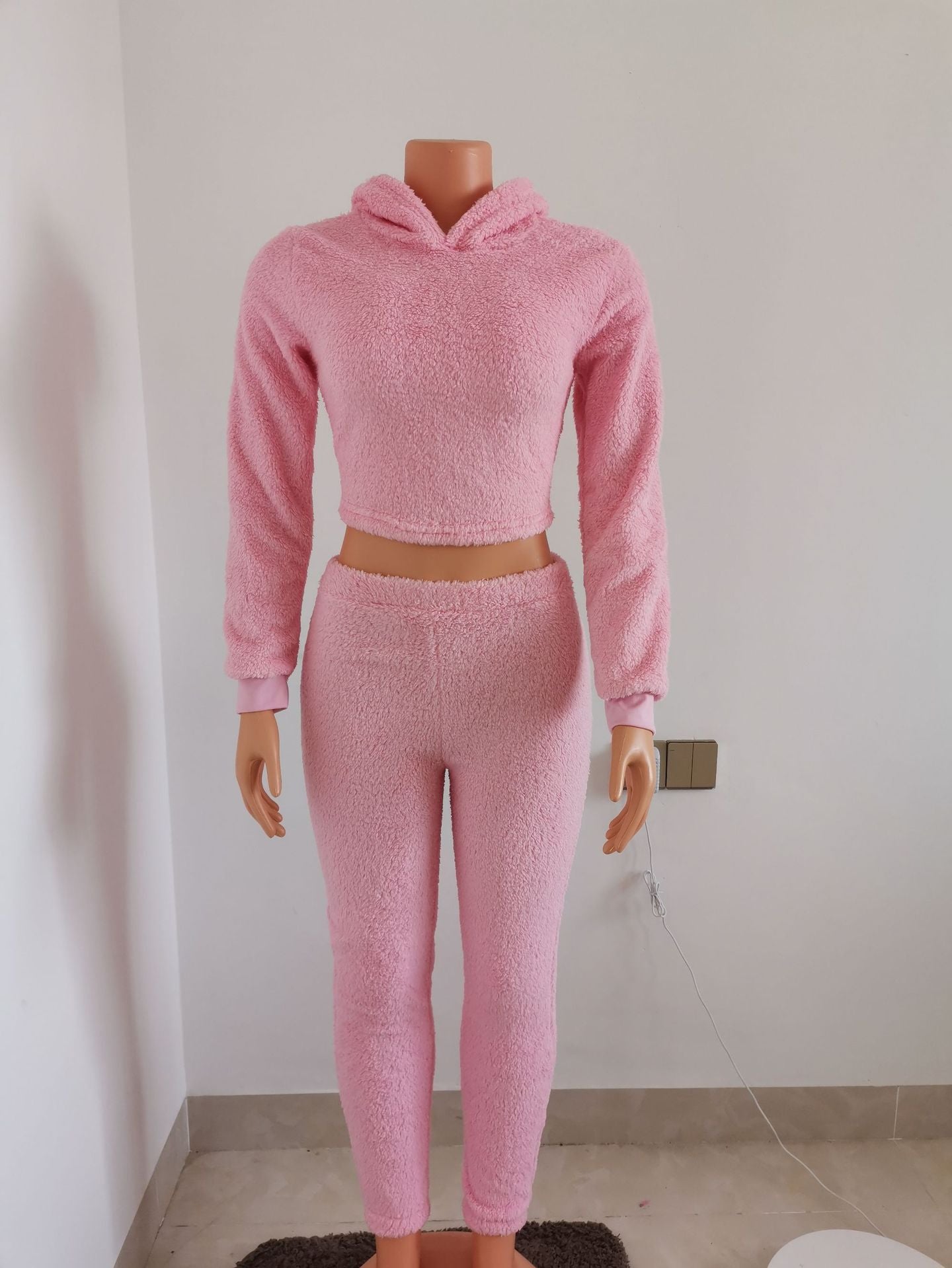 Plus Size Women Sherpa Backless Hood Top and Pant Two Piece Set 16