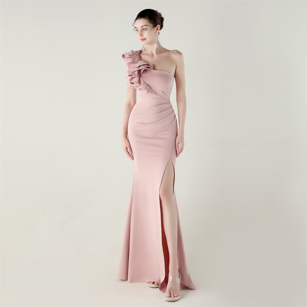 Women One-Shoulder Beaded Wool and Floral Satin Slit Sexy Evening Dress 18