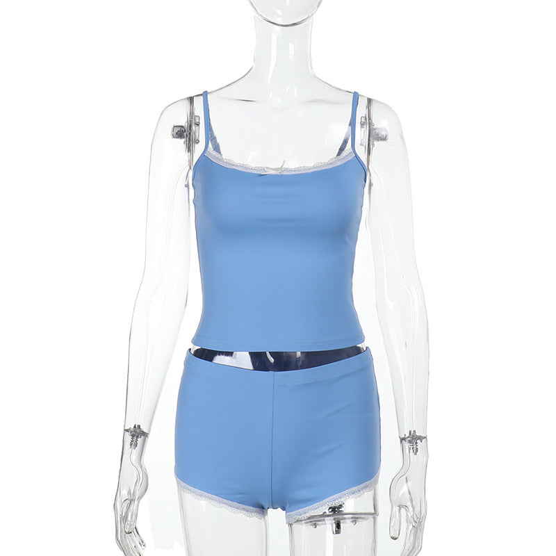 Plus Size Women contrast lace suspender top and shorts two-piece set 5