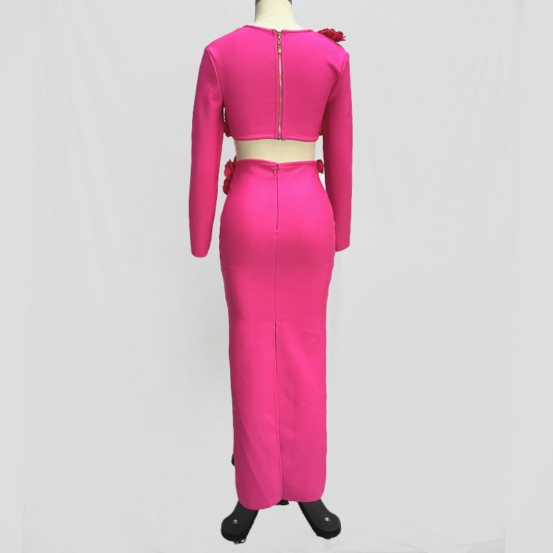 Solid Color Long Sleeve Flower Bandage Top Long Skirt Two-Piece Set 18