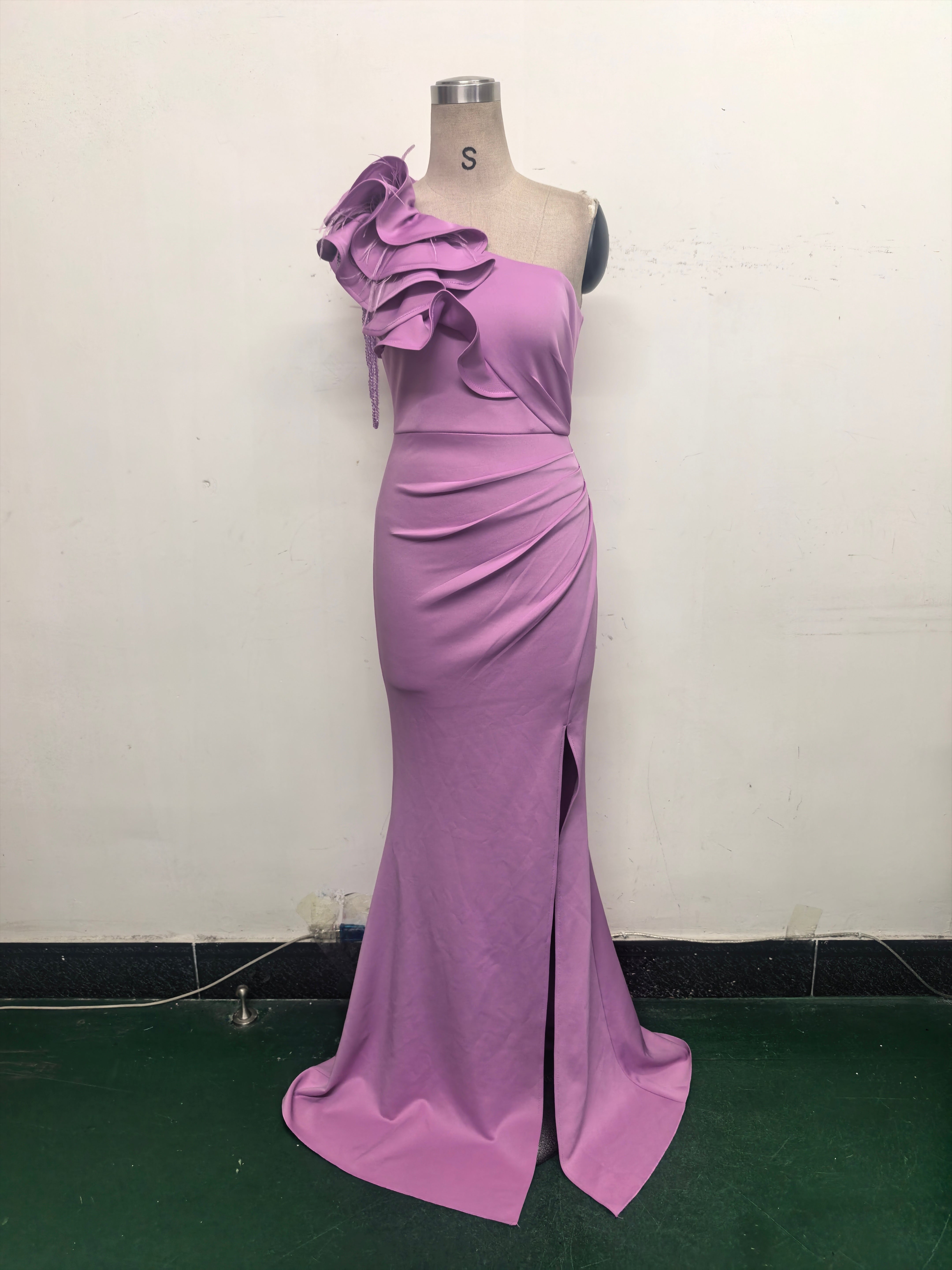 Women One-Shoulder Beaded Wool and Floral Satin Slit Sexy Evening Dress 32