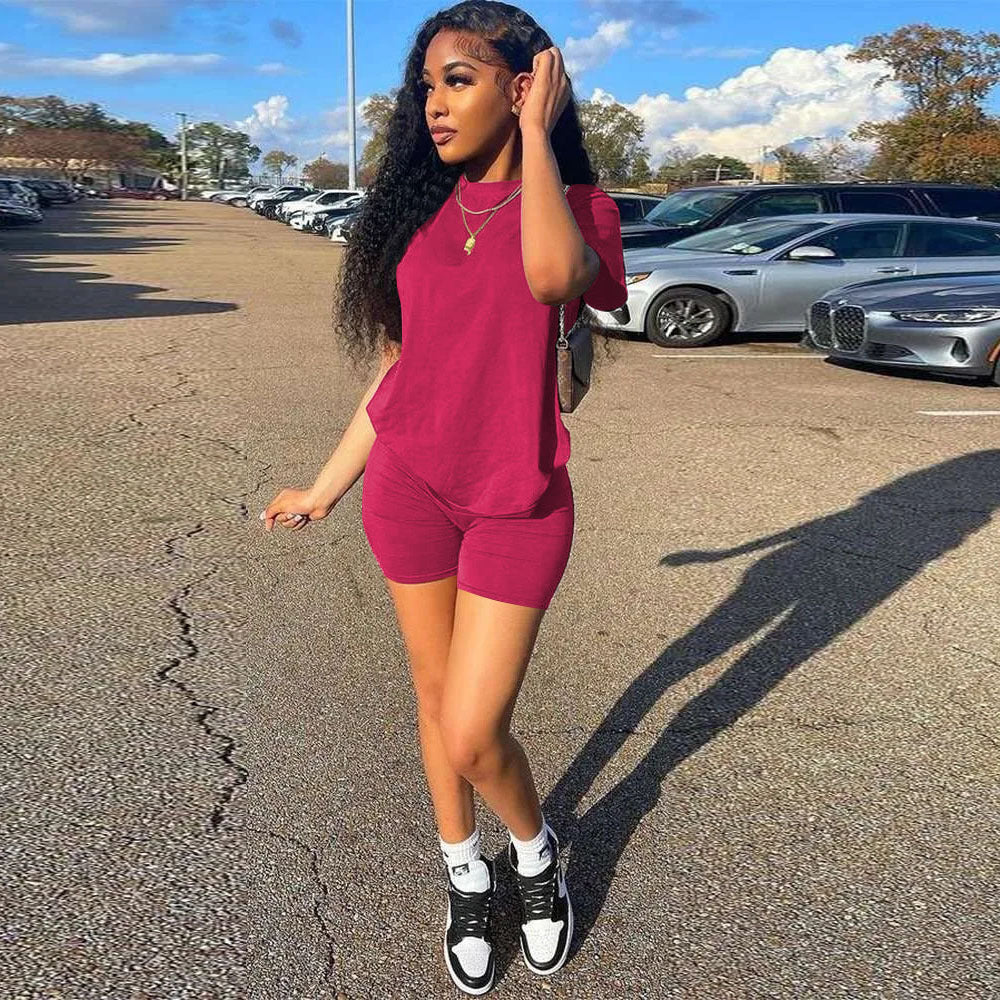 Women Summer Casual Short Sleeve Top + Shorts Sports Two-piece Set 3