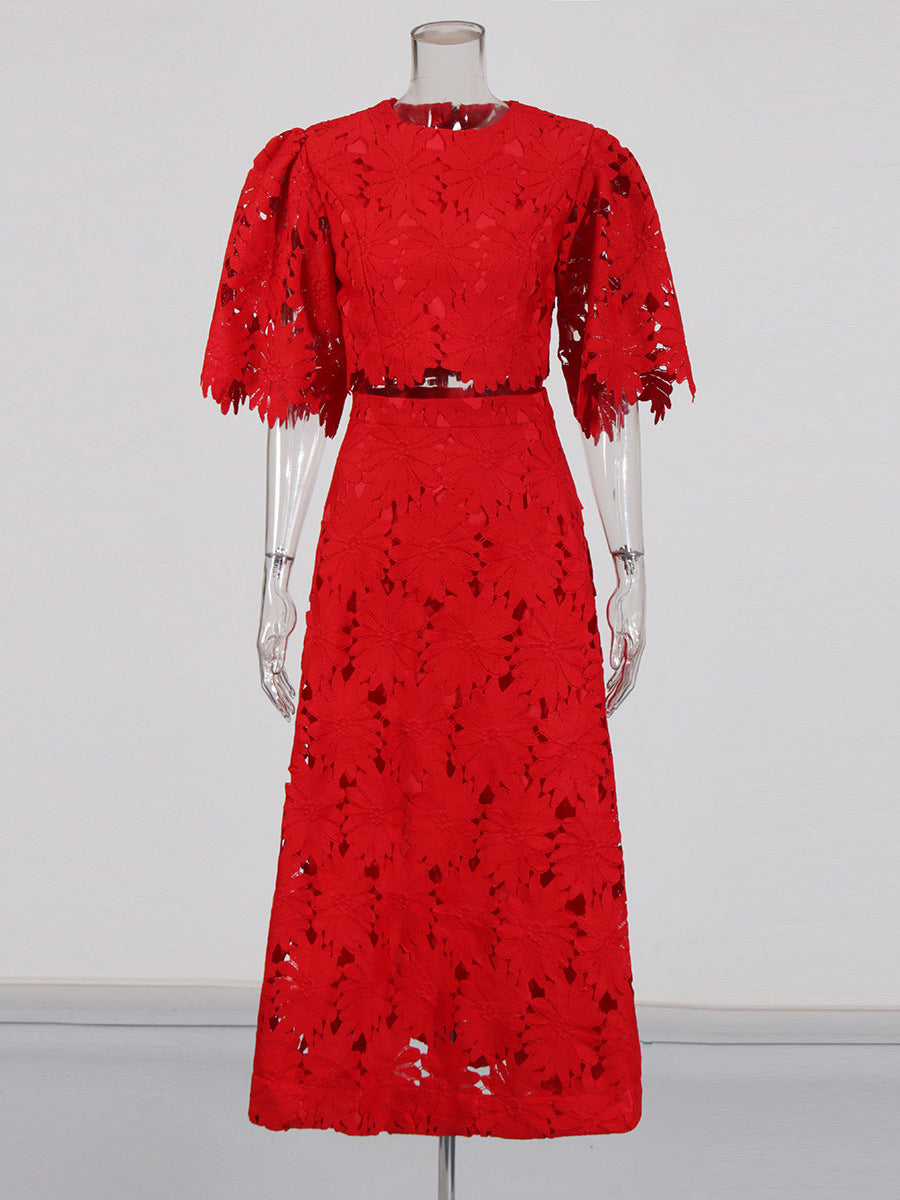 Women's Summer Elegant Embroidered Hollow Round Neck Top Fashion High Waist Skirt Two-Piece Set 4