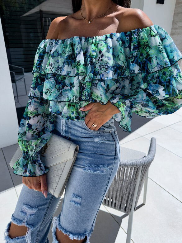 Autumn Sexy Fashion Off Shoulder Printed Shirt 4