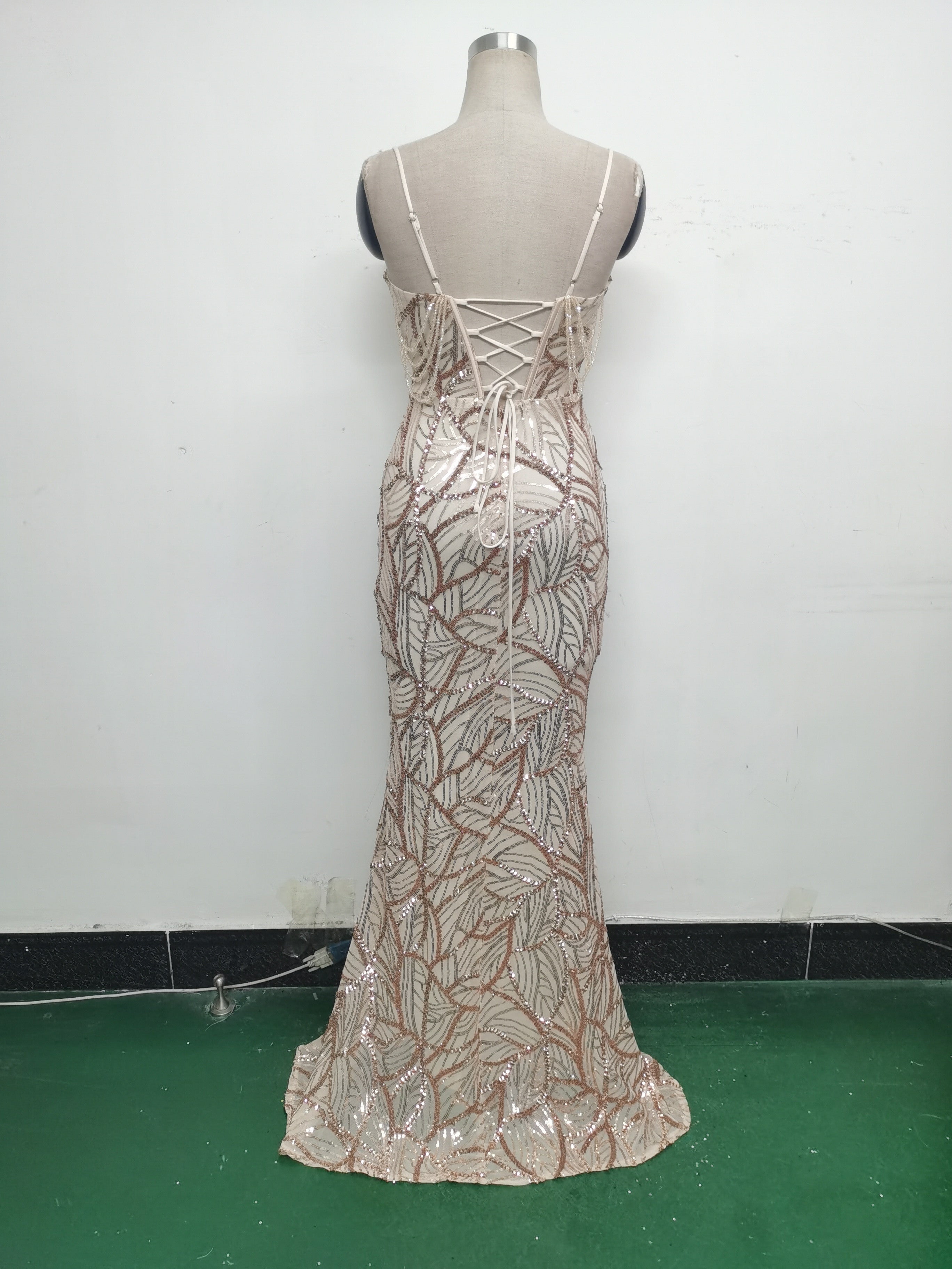 Women beaded cross Lace-Up hollow Patchwork Formal Party evening dress 27