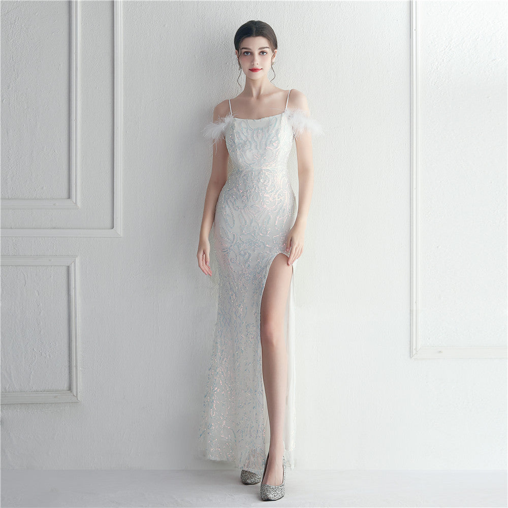 Flower Sequins Sexy Off Shoulder Strap Slit Formal Party Evening Dress 9