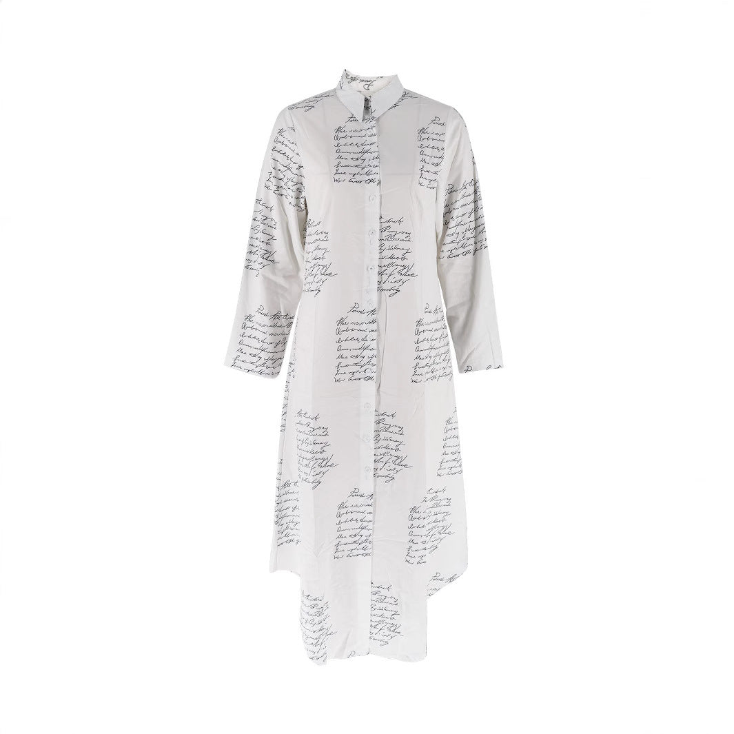 Casual Turndown Collar Slit Long Sleeves Letter Print Long Shirt Dress