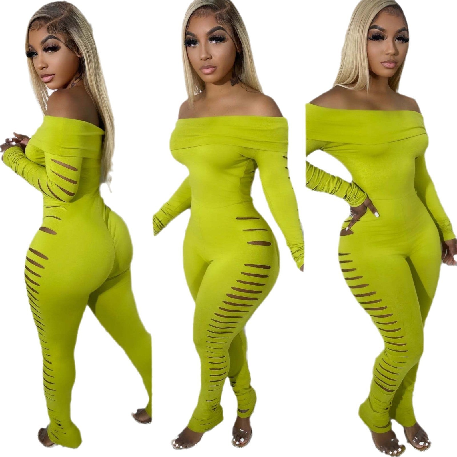Women Off Shoulder long sleeve sexy Ripped Jumpsuit 5